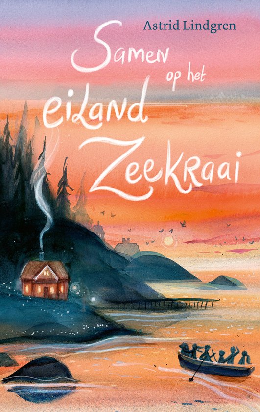 Een illustratie van een zonsondergang op een eiland met een roeiboot en een huisje aan de kust.