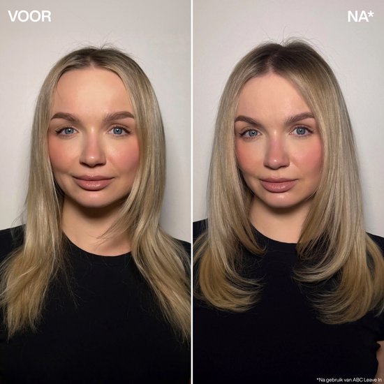 Vóór en na foto van een vrouw met blond haar, na gebruik van Redken leave-in treatment.