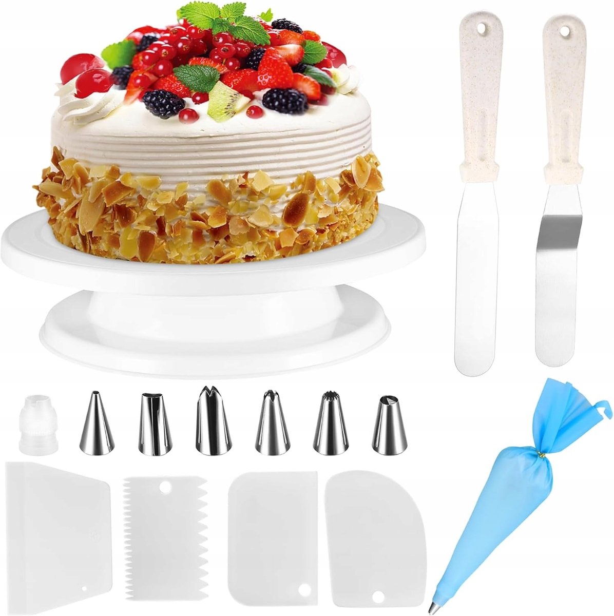 Draaiplateau Taart Decoratie Set met Spatel en Spuitzak - Wit
