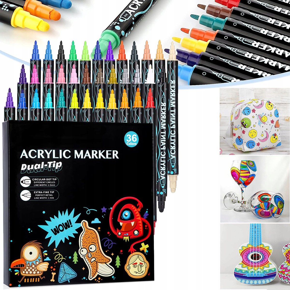 36x waterdichte acrylstiftenset - dubbele punt, levendige kleuren