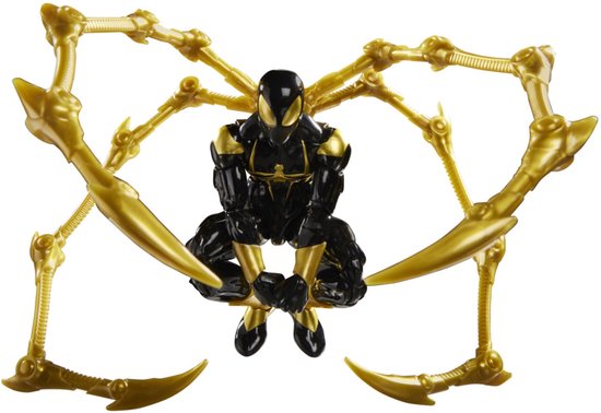 Zittend Iron Spider actiefiguur in zwart en goud, met vier robotarmen die naar buiten wijzen.
