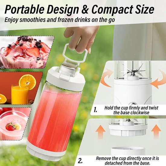 Draagbare Blender - Smoothie Maker - Verse Drankjes Maken - 6 RVS Bladen - 650ml - Wit — afbeelding 5