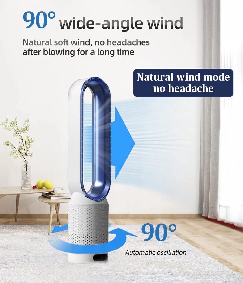 Torenventilator Luchtreiniger - Bladeloze Ventilator - Binnenklimaat Verbeteren - 2-in-1 Functie - 56 Cm - Wit Blauw – foto 5