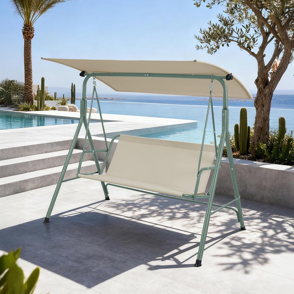 Hollywoodschommel - Tuinschommel bank - Buiten relaxen - Verstelbaar zonnedak - 173x119x153 cm - Lichtgroen beige