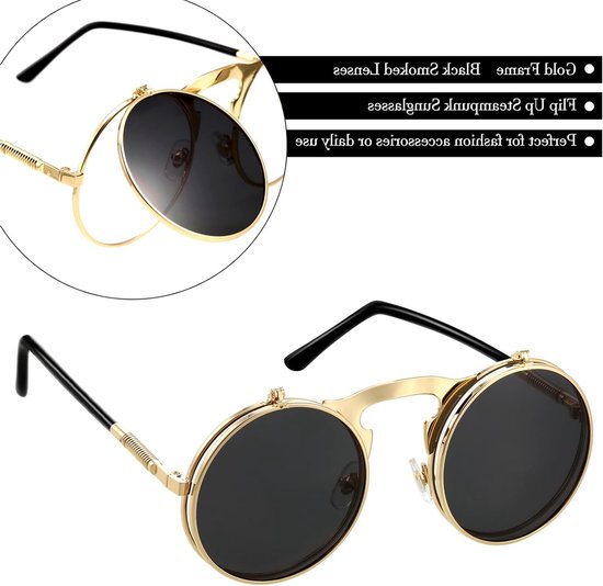 Zonnebril, openklapbaar, grappige steampunk-bril, grappige zonnebril, inklapbare glazen (gouden frame, grijze lens) — afbeelding 2