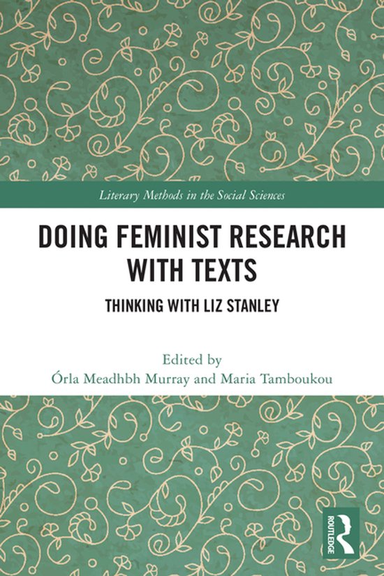 Boekomslag met groene achtergrond, versierd met bloemenpatronen. Titel: "DOING FEMINIST RESEARCH WITH TEXTS".