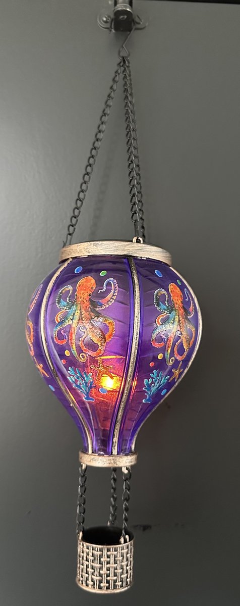 Decoratieve solarlamp luchtballon " met flame LED " - octopus print paars - kunststof - hangend model - hoogte 37x dia 11 cm - Tuindecoratie - Tuinverlichting
