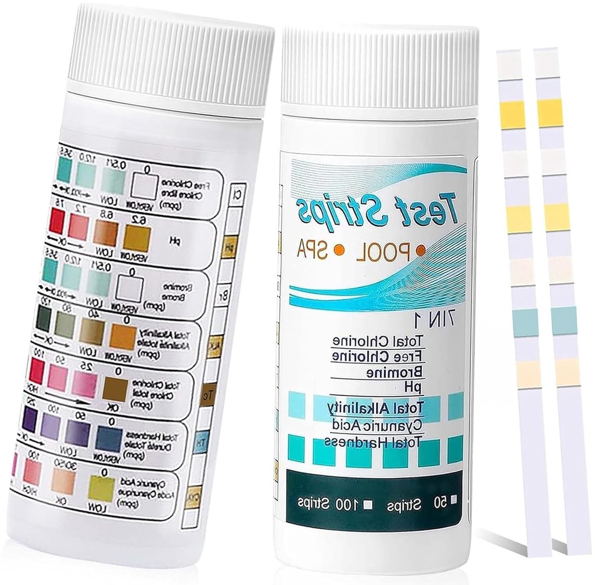 Complete 7-in-1 Teststrips voor Zwembadwater - 100 Stuks voor Vrije Chloor, Bromine, Alkaliniteit en pH Waarde Controle