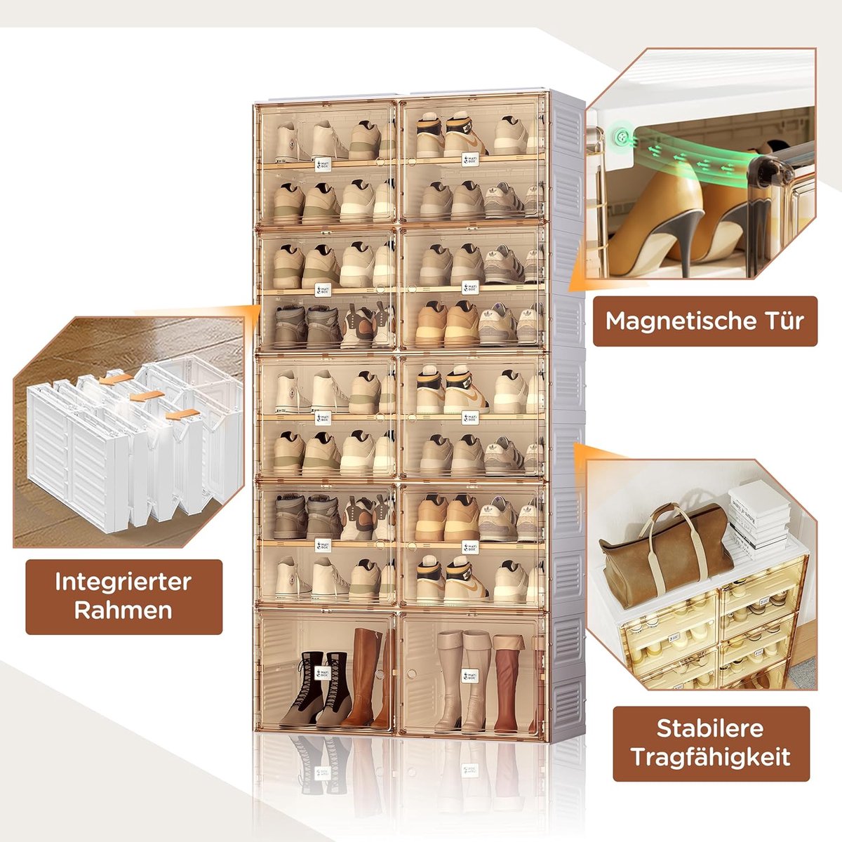 Schoenenkast Opvouwbaar – House&Garden Transparante Stapelbare Schoenendozen Set 10 Stuks met Magnetische Deur – Schoenen Organizer 38 Paar – Stofdicht Schoenenrek Vrijstaand 85x34x172 cm – Modern Schoenen Opbergsysteem