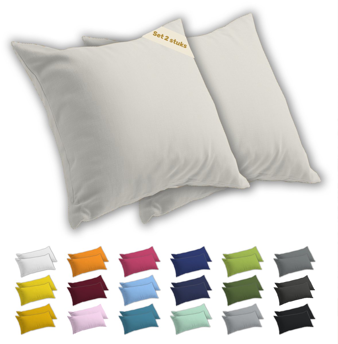 Lavea® Kussenslopen 65x65 cm Set van 2 – Kussenhoezen van 100% Zachte en Ademende Jersey Katoen met YKK Ritssluiting – Crème