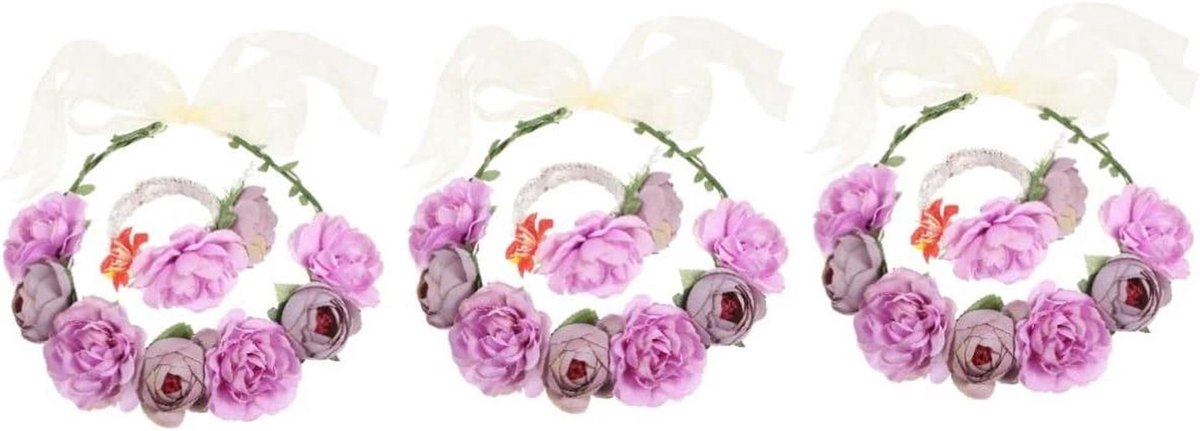 Bloemenkrans Hoofdband Set - Bruidsaccessoires Krans - Feestelijke Aankleding - Handgemaakt Design - 3 Sets - Paars