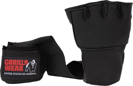 Zwarte Gorilla Wear binnenhandschoen met polswrap en klittenband, met rood logo.