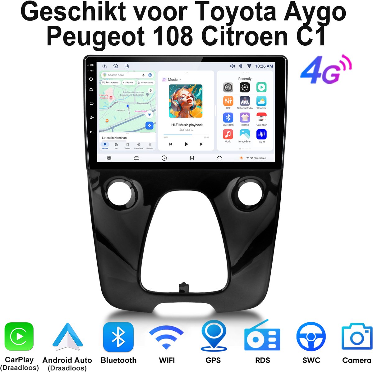 Junsun Autoradio Geschikt voor Toyota Aygo Peugeot 108 Citroen C1, 8GB+256GB, Android 15, Draadloos CarPlay & Android Auto, DAB+, GPS-navigatiesystem, Bluetooth, Stuurwielbediening, WiFi, 4G, FM, RDS, USB, 10inch Touchscreen, DSP, Octa-core processor