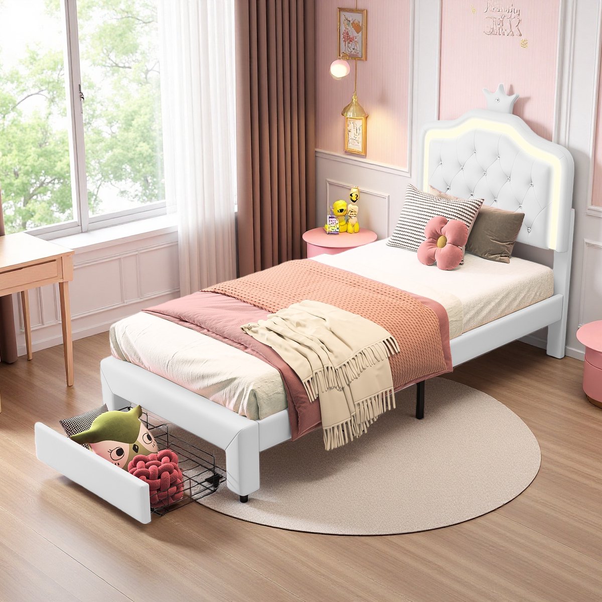 ROSAHQNDA Kinderbed 90x200cm Gestoffeerd bed met LED-verlichting, kroonvormig hoofdeinde, prinsessenbed Eenpersoonsbed, PU-stof, wit