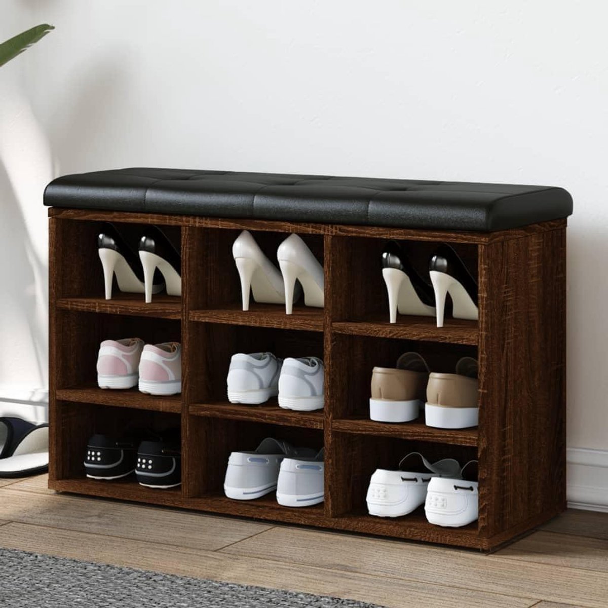 Houten Bank - Schoenenrek Zitje - Schoenen Opbergen - Comfortabel Zitkussen - 82 x 32 x 50