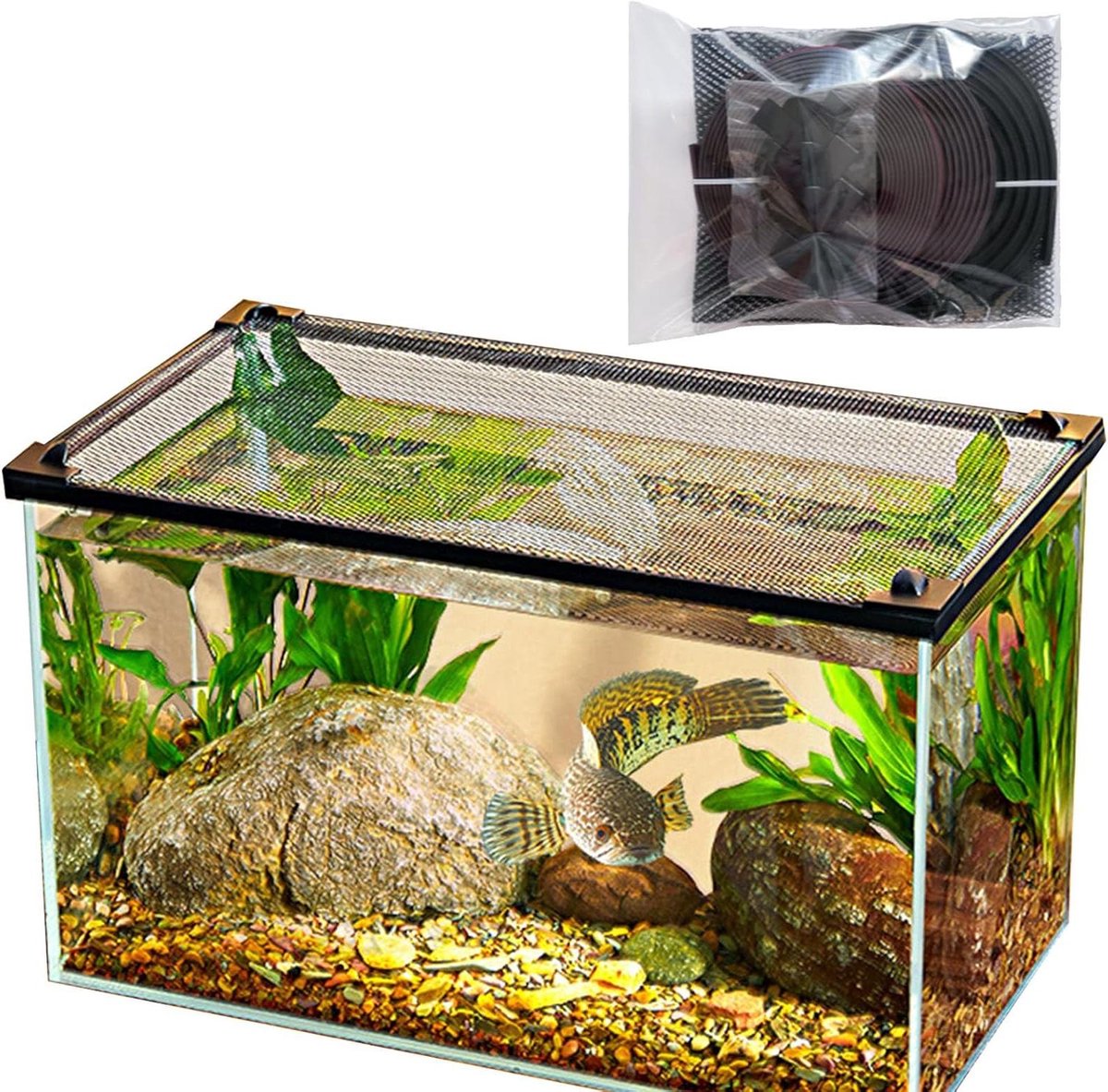 Aquarium Afdeknet - Vis Ontsnappingsnet - Vissen Veilig Houden - Zelfklevend en Knipbaar - 130 x 50 cm - Zwart