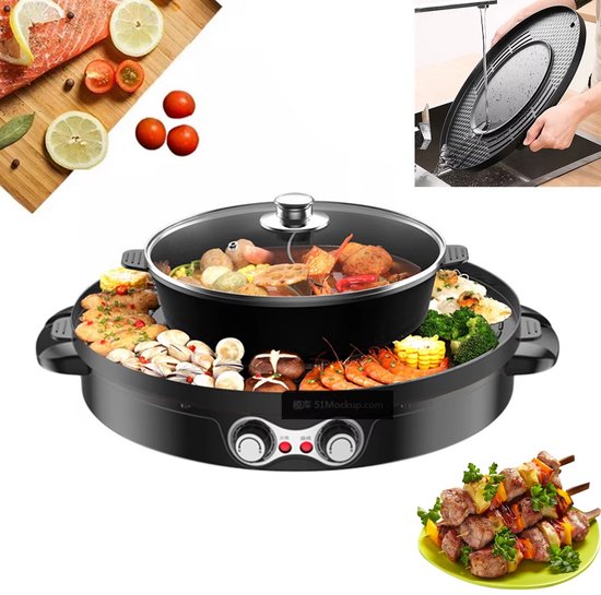 JOYNEXTBUY - 2-in-1 Elektrische Hot Pot & Grill - Dubbele Temperatuurregeling - Anti-aanbaklaag - Zwart - BBQ, Steak & Hotpot — afbeelding 3