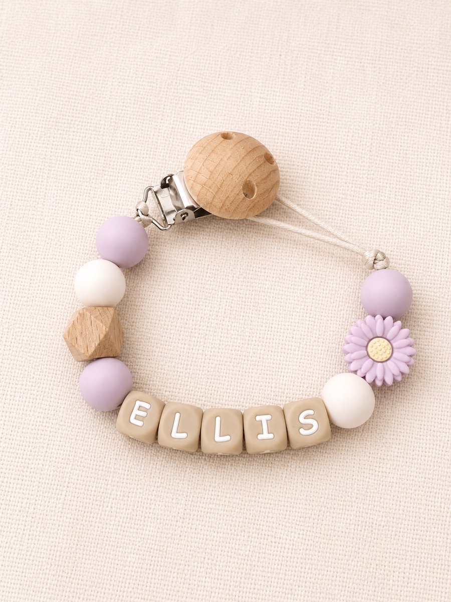 Speenkoord met naam | gepersonaliseerd | lila met bloem | kraamcadeau | baby | speenketting