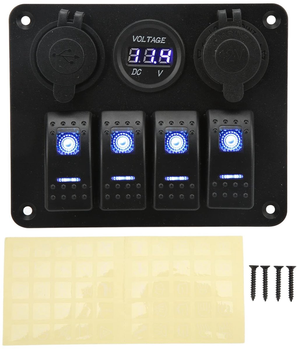 Dailygoods - 4-Gang Schakelpaneel met USB en Sigarettenstekker voor Boot