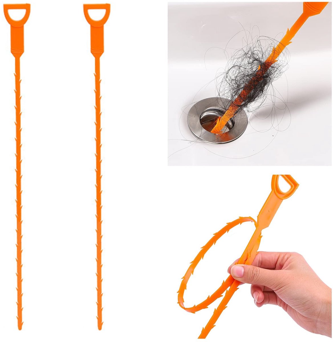 Dailygoods - Afvoerreiniger spiraal - Buisreinigingsspiraal - 2 stuks - Kunststof spiraal - Afvoerspiraal - Geschikt voor spoelbak - Oranje