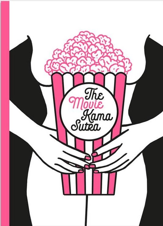 Une illustration en noir et blanc d'un livre sur le Kama Sutra du cinéma, tenu par des mains avec une boîte de popcorn.