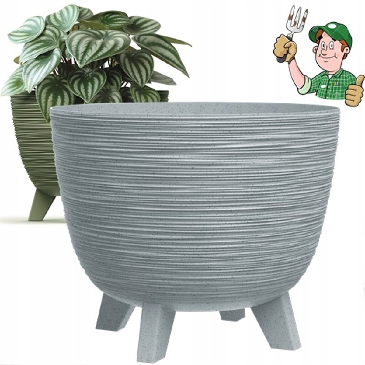 Grijze Betonlook Pot 24cm Rond Geribbeld Kunststof