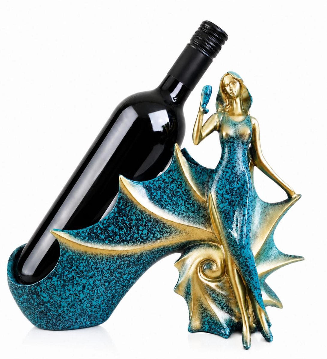 Exclusieve Wijnfleshouder - zeemeermin - aqua - blikvanger - wijnaccessoire - cadeau wijnliefhebber - woondecoratie - wijnrek - wijnflessenhouder - flessenhouder - drankfleshouder - vaderdag - moederdag - verjaardag - groen - blauw