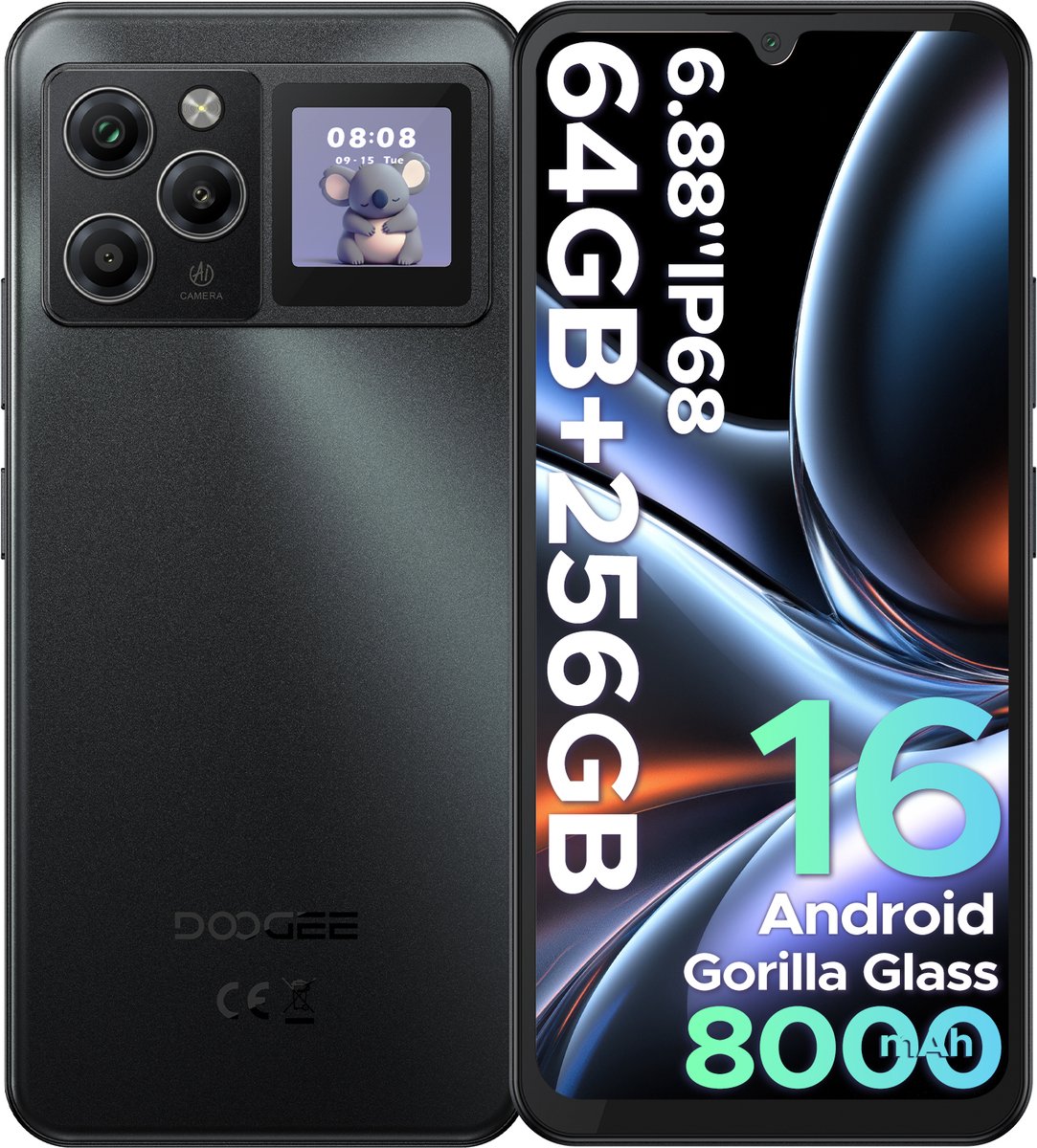 DOOGEE M30 Pro - Smartphone - 64GB RAM(8+56GB) + 256GB ROM(2TB/TF) - 6,88 Inch HD+ 120Hz - IP68 - Android 16 - 8000mAh/33W - 1,3" Subscreen - 64MP drievoudige camera - NFC - Vingerafdruk - Face ID - Zwart