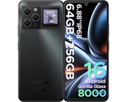 DOOGEE M30 Pro - Smartphone - 64GB RAM(8+56GB) + 256GB ROM(2TB/TF) - 6,88 Inch HD+ 120Hz - IP68 - Android 16 - 8000mAh/33W - 1,3" Subscreen - 64MP drievoudige camera - NFC - Vingerafdruk - Face ID - Zwart