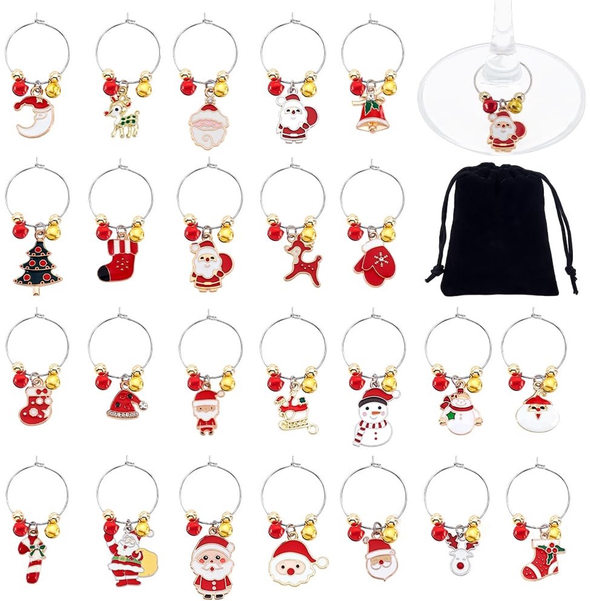 Dailygoods - 24 Stuks Rode Kerst Wijnglas Bedels voor Feestelijke Drankjes