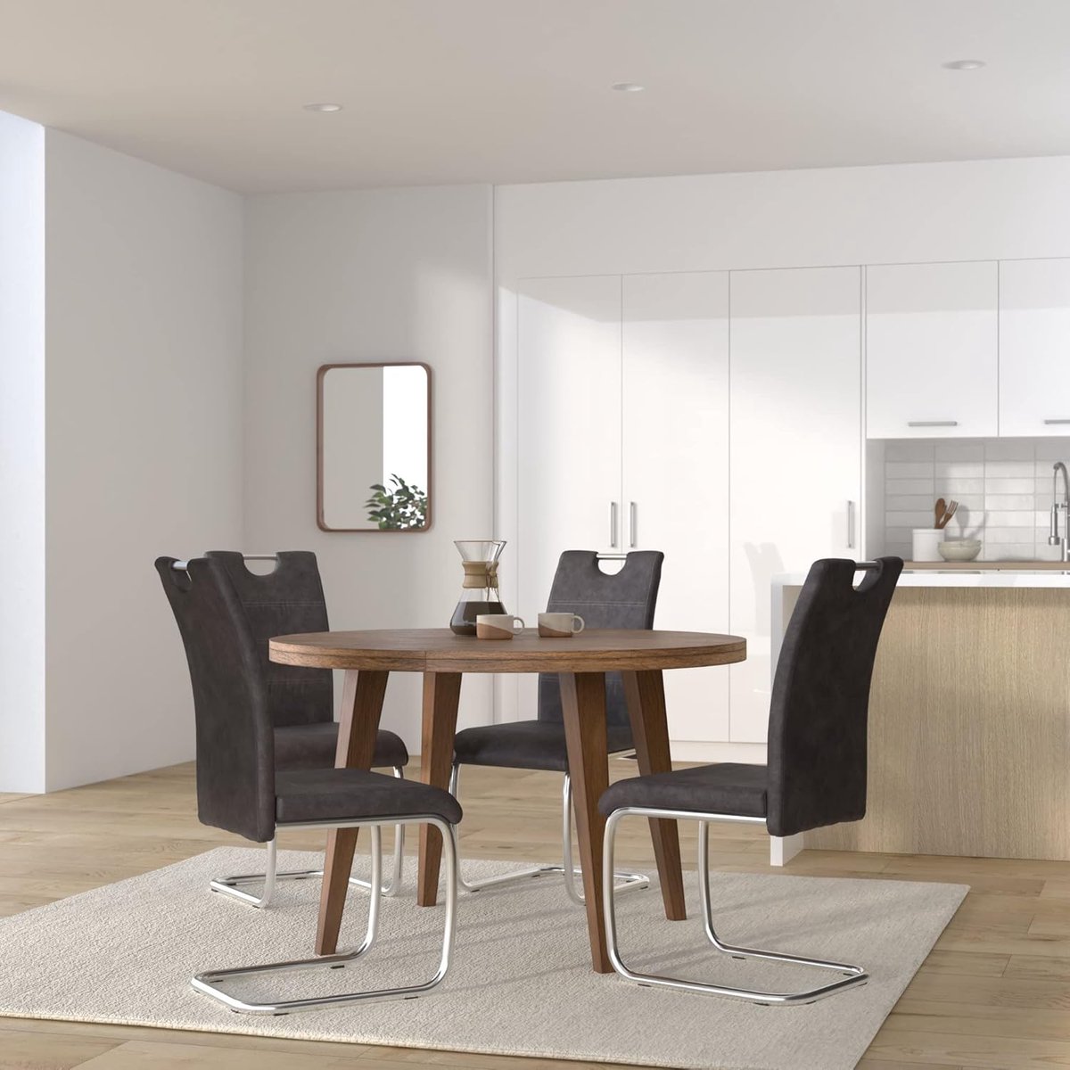 Eetkamerstoelen Set van 4 – Schommelstoelen met Ergonomische Rugleuning en Handgreep – Vintage Microvezel Antraciet – Verchroomd Metalen Frame – Keukenstoelen voor Eetkamer en Woonkamer – 43 x 59 x 98 cm – Mobili Bella