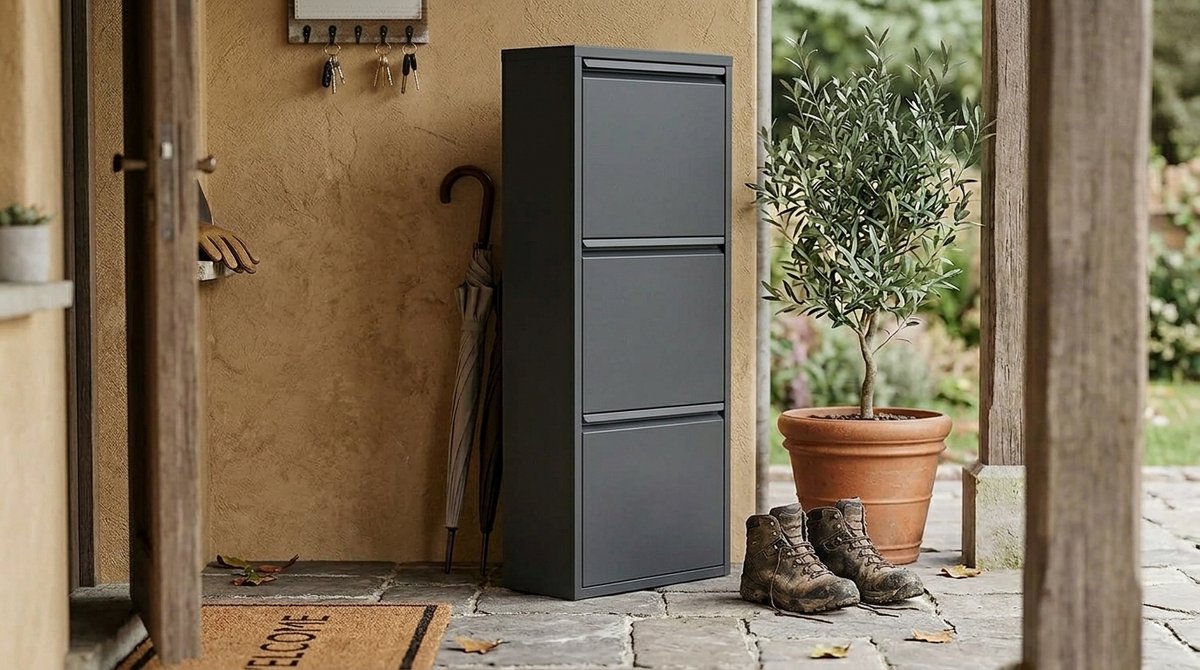 Schoenenkast met kleppen metaal antraciet – House&Garden Caruso 103x50x14 cm – smalle ruimtebesparende schoenenkast 3 klapdeuren – modern industrieel schoenenrek hal – gangkast organizer entree en slaapkamer