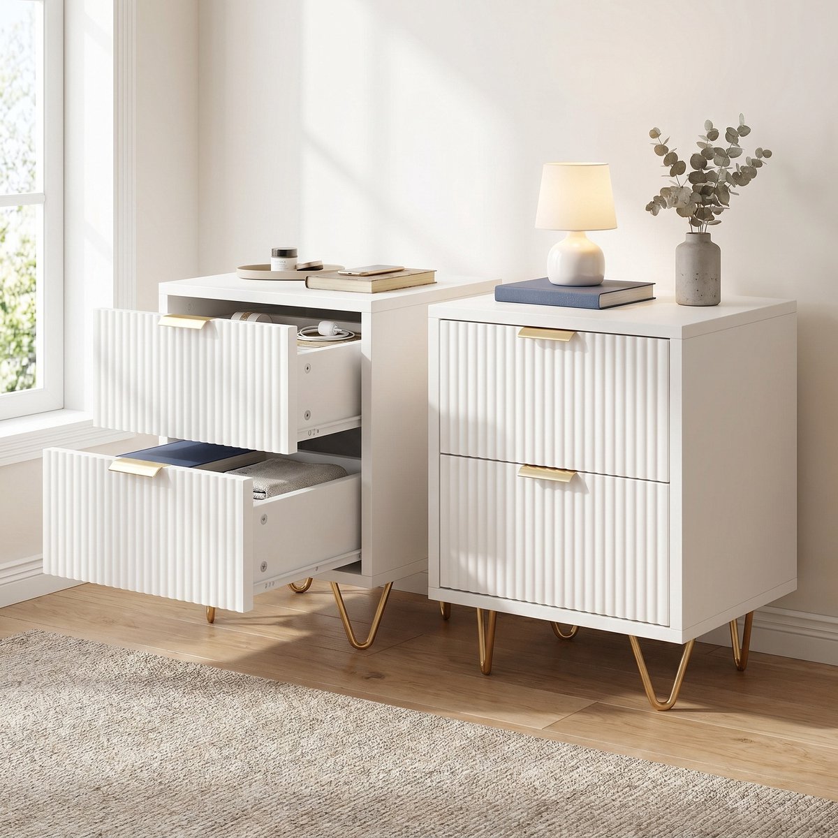 Set van 2 Nachtkastjes - 40x40x55cm - met 2 lades - Hout en metalen poten - Modern golvend design - Wit