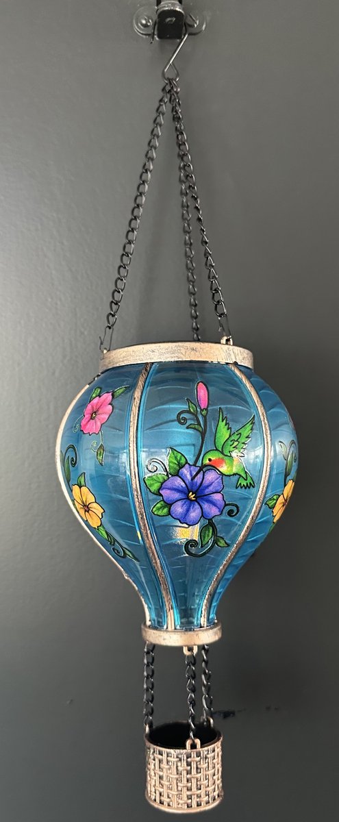 Decoratieve solarlamp luchtballon " met flame LED " - bloemen + vogel print blauw - kunststof - hangend model - hoogte 37x dia 11 cm - Tuindecoratie - Tuinverlichting