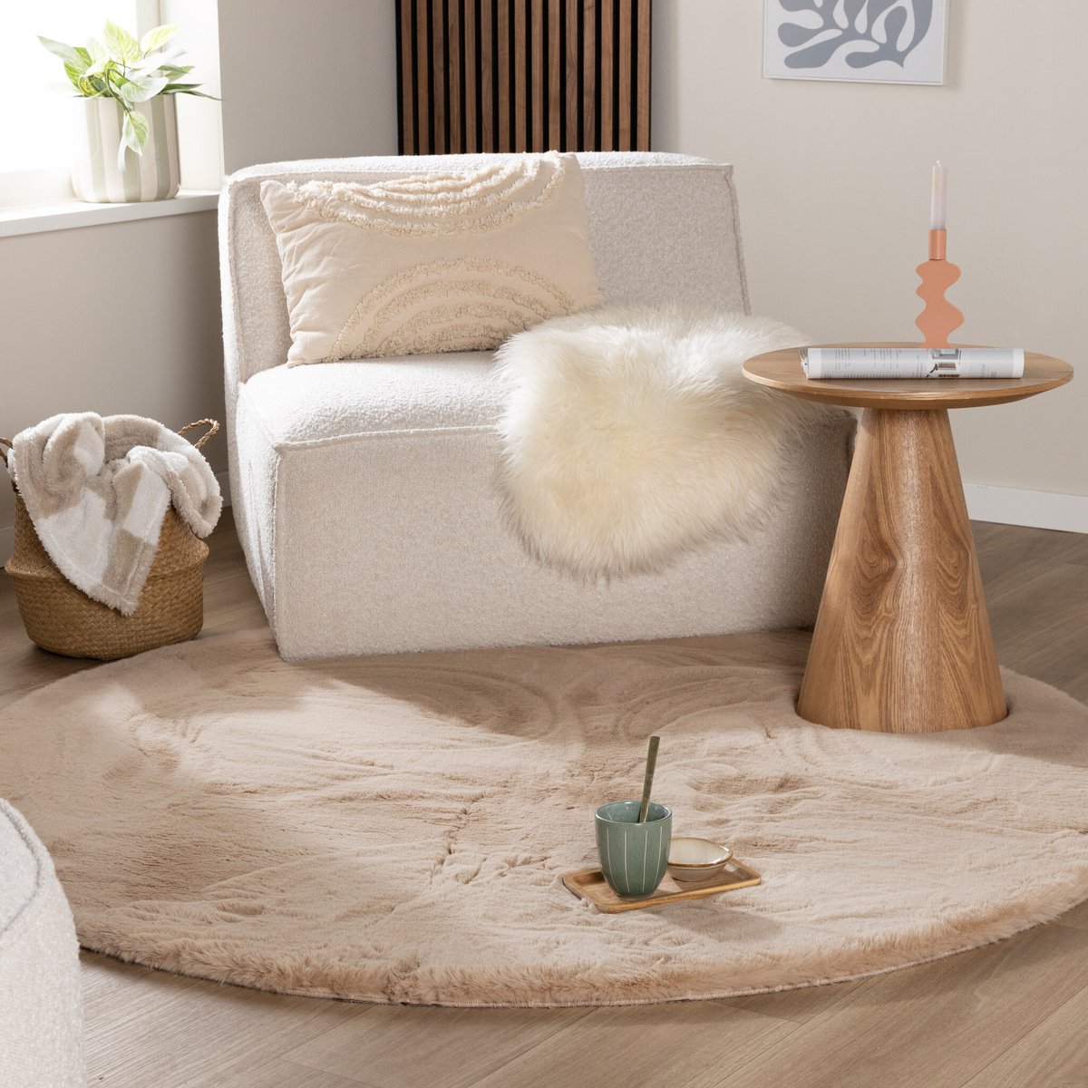 NATURL. Rond Hoogpolig vloerkleed - Comfy Supreme Beige - Ø 270cm