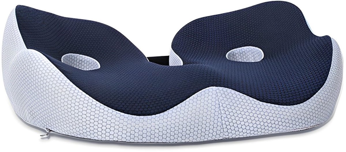 Zitkussen-geheugenschuim-Marineblauw-houdingsondersteuning-ontspant heupen rug en benen-zenuwkussen-stressvermindering