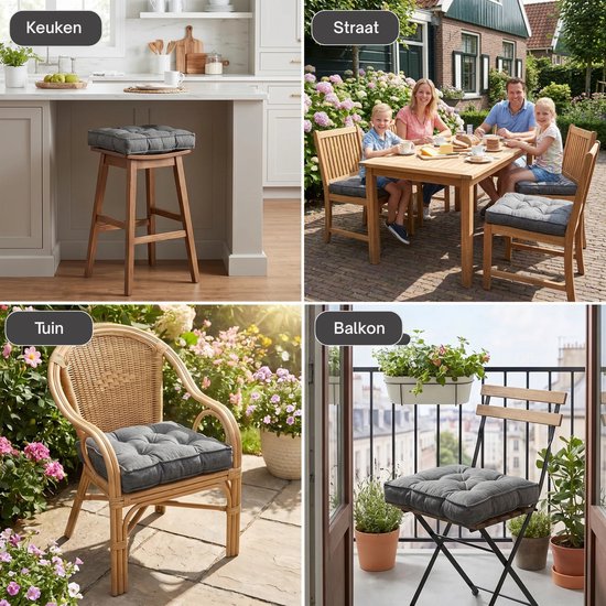 Collage van donkergrijze vierkante kussens op stoelen in een keuken, straat, tuin en op een balkon.