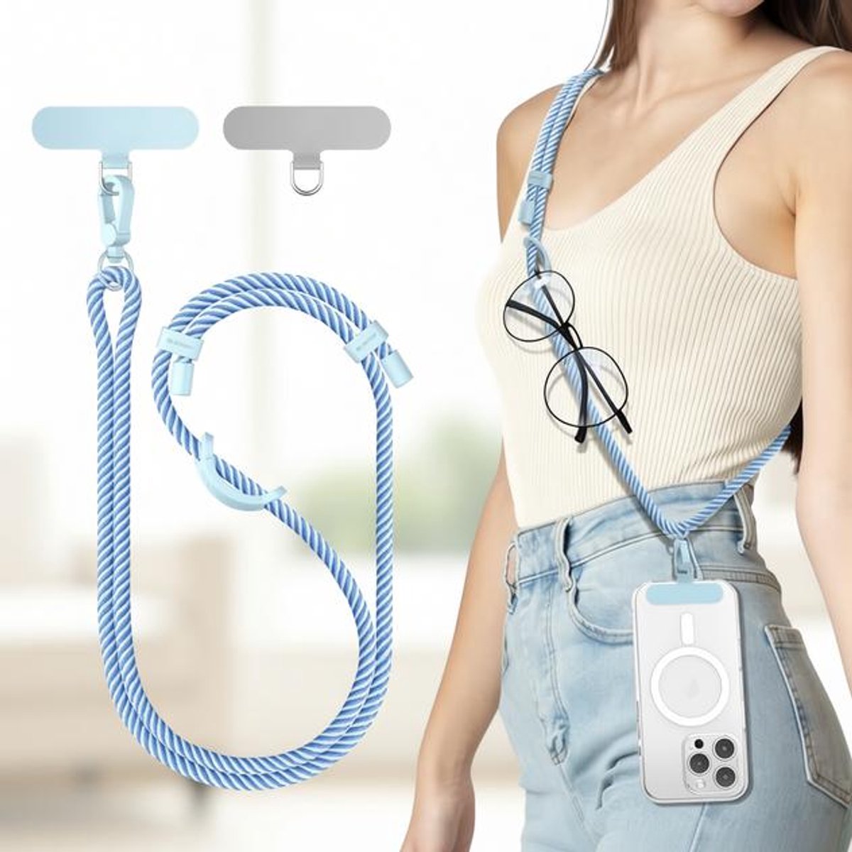 Maison Elara Verstelbaar Telefoonkoord Universeel - Stevige Lanyard voor Buiten en Reizen - Telefoonketting met Robuuste Haak - Compatibel met alle Smartphones en Airpods - Diepblauw & Lichtblauw