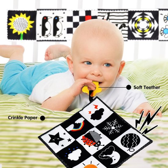COOAU - Baby hoog contrast sensorisch speelgoed set - zacht stoffen boek + knisperende rammelaar kubus met bijtring - zwart-wit tummy time speelgoed voor baby's - 3 STUKS van Cooau — afbeelding 4