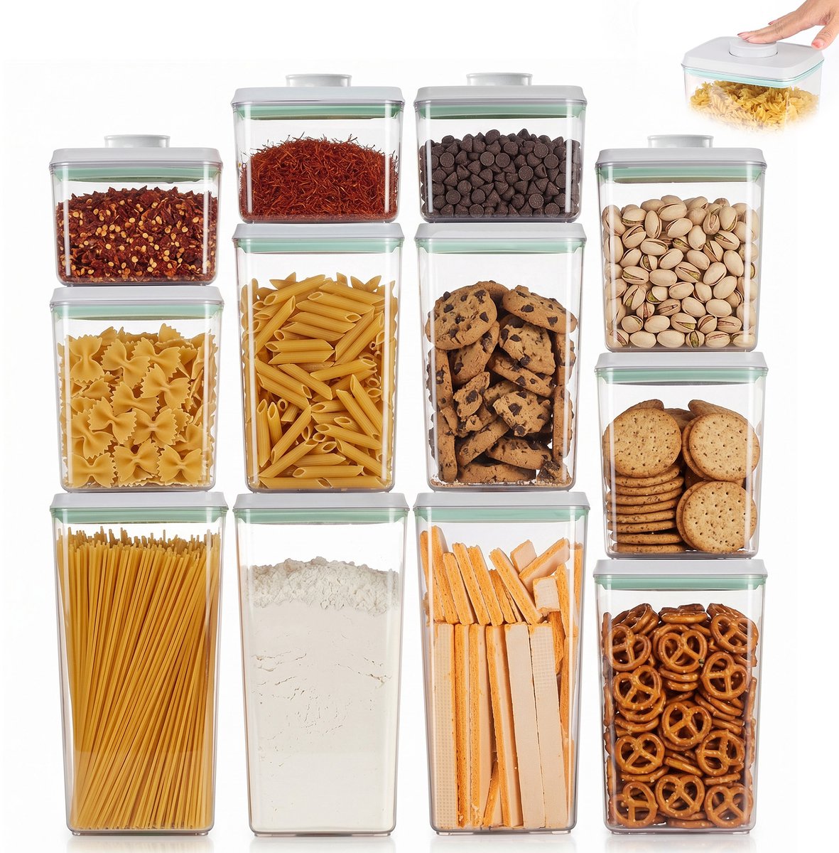 DAITORE - Voorraadpotten -12-delig - Voorraadbussen met deksel - BPA vrij - Drukknopdeksel - Luftdicht- Pasta Muesli Meel - Keuken Koelkast en Kasten