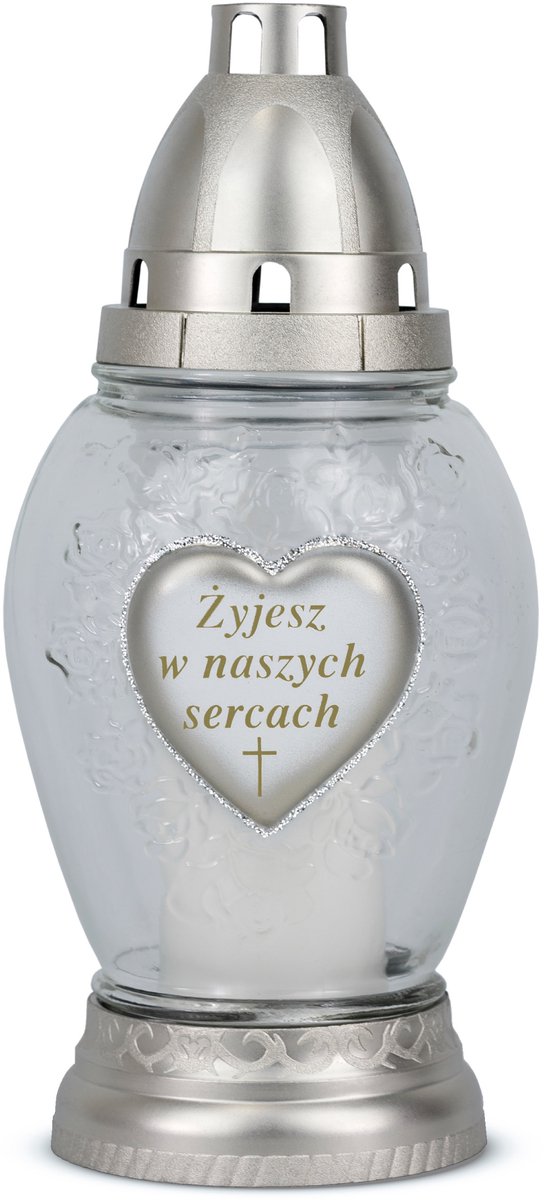 Zilveren glazen kaars 25 cm met het opschrift 'Je leeft in ons hart'