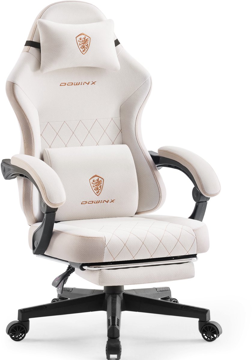 Dowinx Gamingstoel van stof met pocketvering kussen - ergonomische bureaustoel met massage lendensteun en voetensteun - grote hoge gamestoel voor volwassenen tot 135 kg - beige