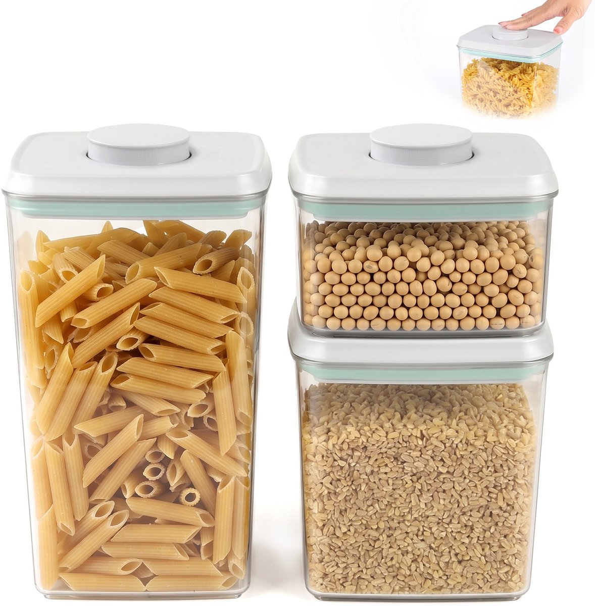 DAITORE - Voorraadpotten - 3-delig - Voorraadbussen met deksel - BPA vrij - Drukknopdeksel - Luftdicht- Pasta Muesli Meel - Keuken Koelkast en Kasten