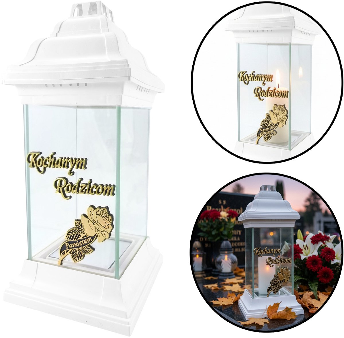 Witte Grafkapel voor Ouders - Glazen Lantaarn met Gouden Rozen Decoratie