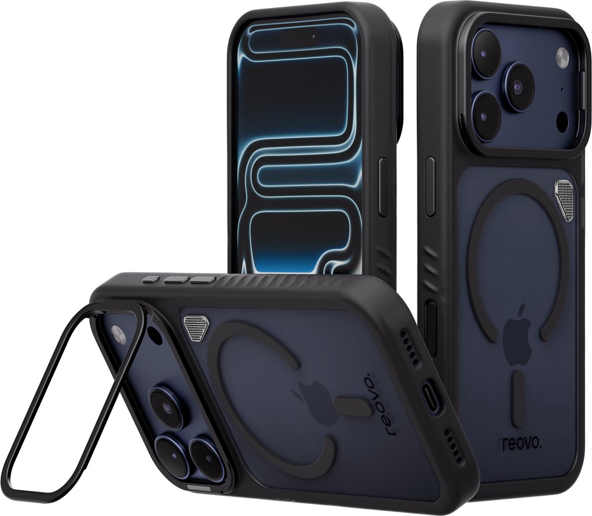 Reovo - Hoesje Geschikt voor iPhone 17 Pro - Camera standaard - Geschikt voor MagSafe - Zwart - anti-val technologie