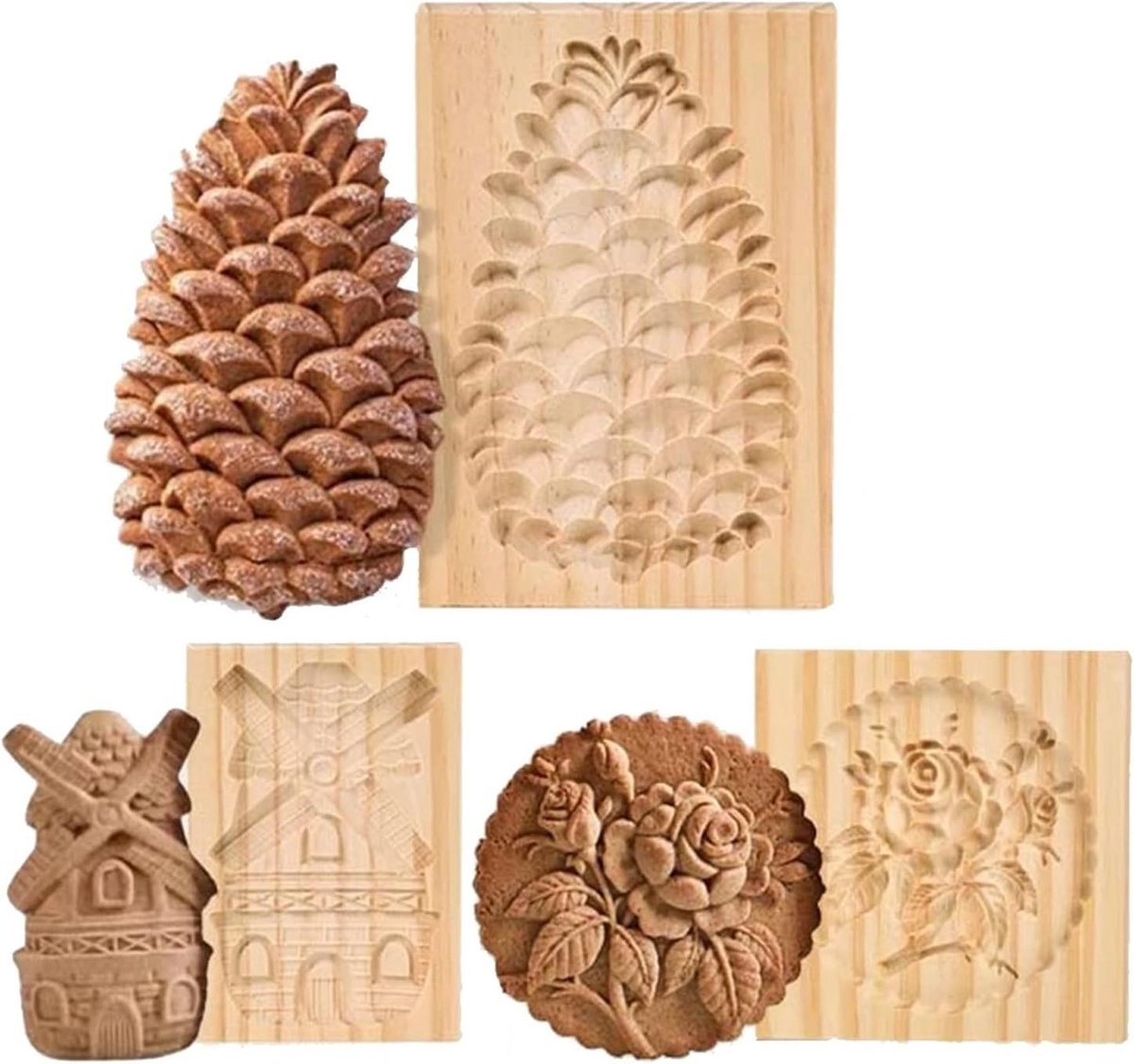Houten Koekjes Vormen - Bakvormen Set - Koekjes Bakken - 3D Rose Stempel - 3 Stuks - Natuurlijk Hout