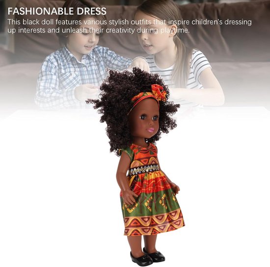 Zwarte Pop 14 Inch met Haarband en Schattige Jurk - Afro Haar Meisjes Modepop — afbeelding 2