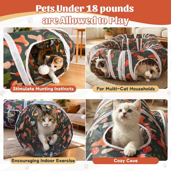Kittens spelen in een kattenspeeltunnel met paddenstoelprint, geschikt voor meerdere katten en stimuleert jagen.