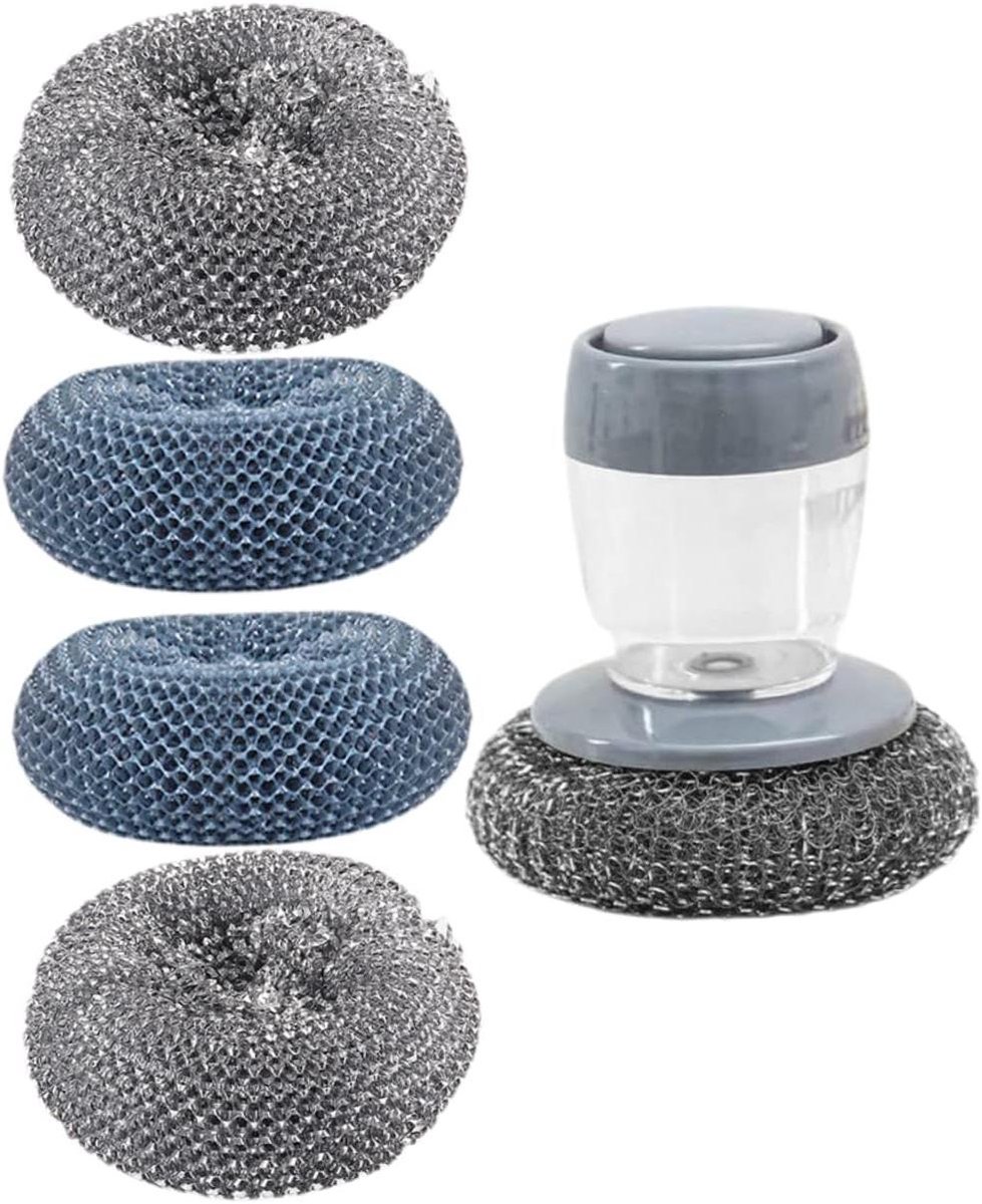 Potborstel Spons Set - Reinigingsborstel Keuken - Afwas Werk - Zeep Dispenser - 10 cm - Diverse Kleuren