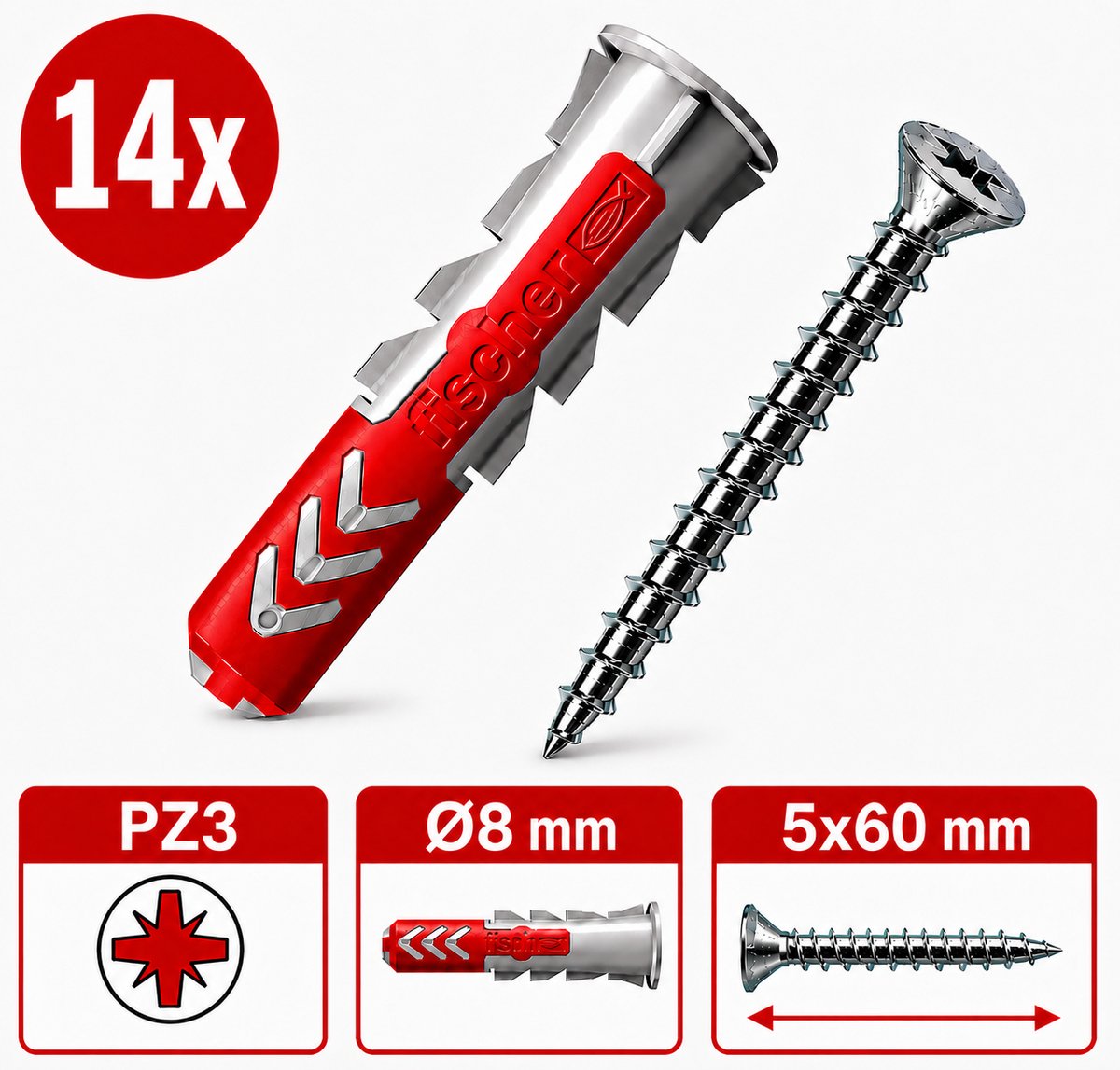 Fischer & Tornitrex pluggen en kruiskop schroeven set 8mm DUOPOWER 8x40 | 14 sets